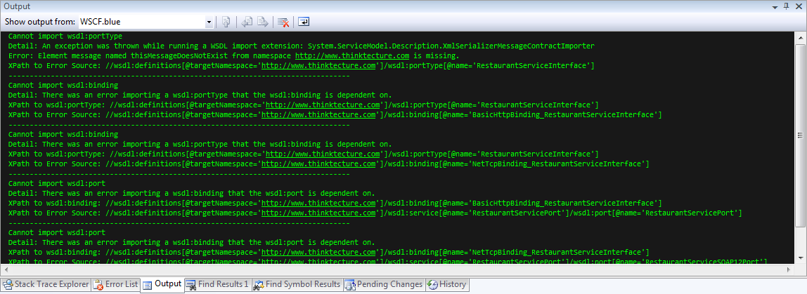 WSDL errors in the Output window.